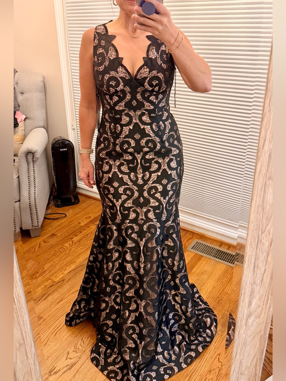 NWT Adrianna Papell Black Lace Over Nude Maxi Dress - Picture 3 of 3